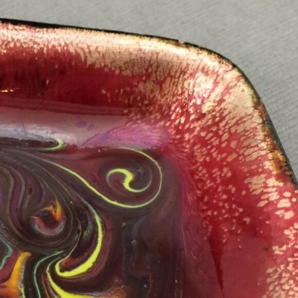 Vintage Enamel on Copper Red Abstract Swirl Ashtray Artisan Handmade - Picture 12 of 14